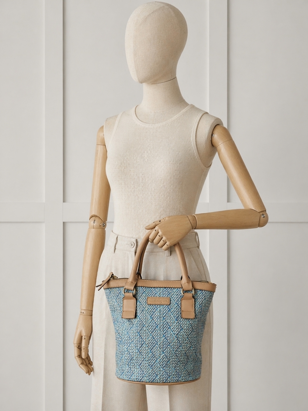 Nanette Lepore Blue Woven Bucket Tote with Tan Trim